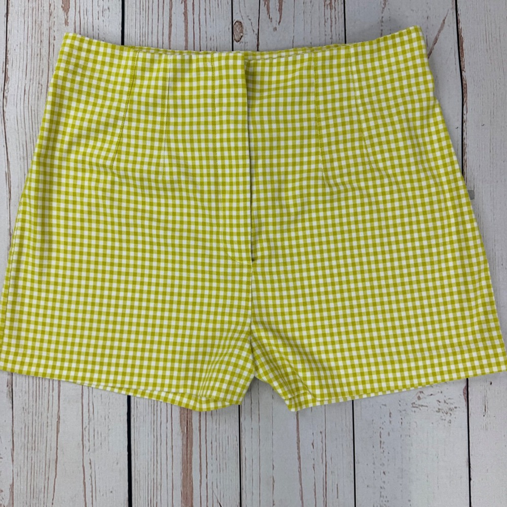 Topshop Lime Green Gingham High Waisted Shorts Size US 8 Retro Picnic Style